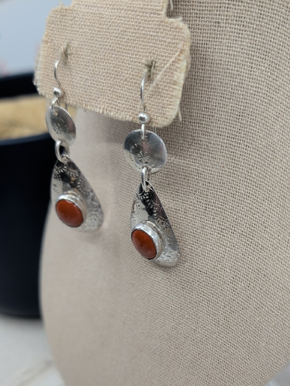 Vintage Sterling Silver Red Coral Cabochon Teardrop Dangle Earrings Artisan - Picture 13 of 17